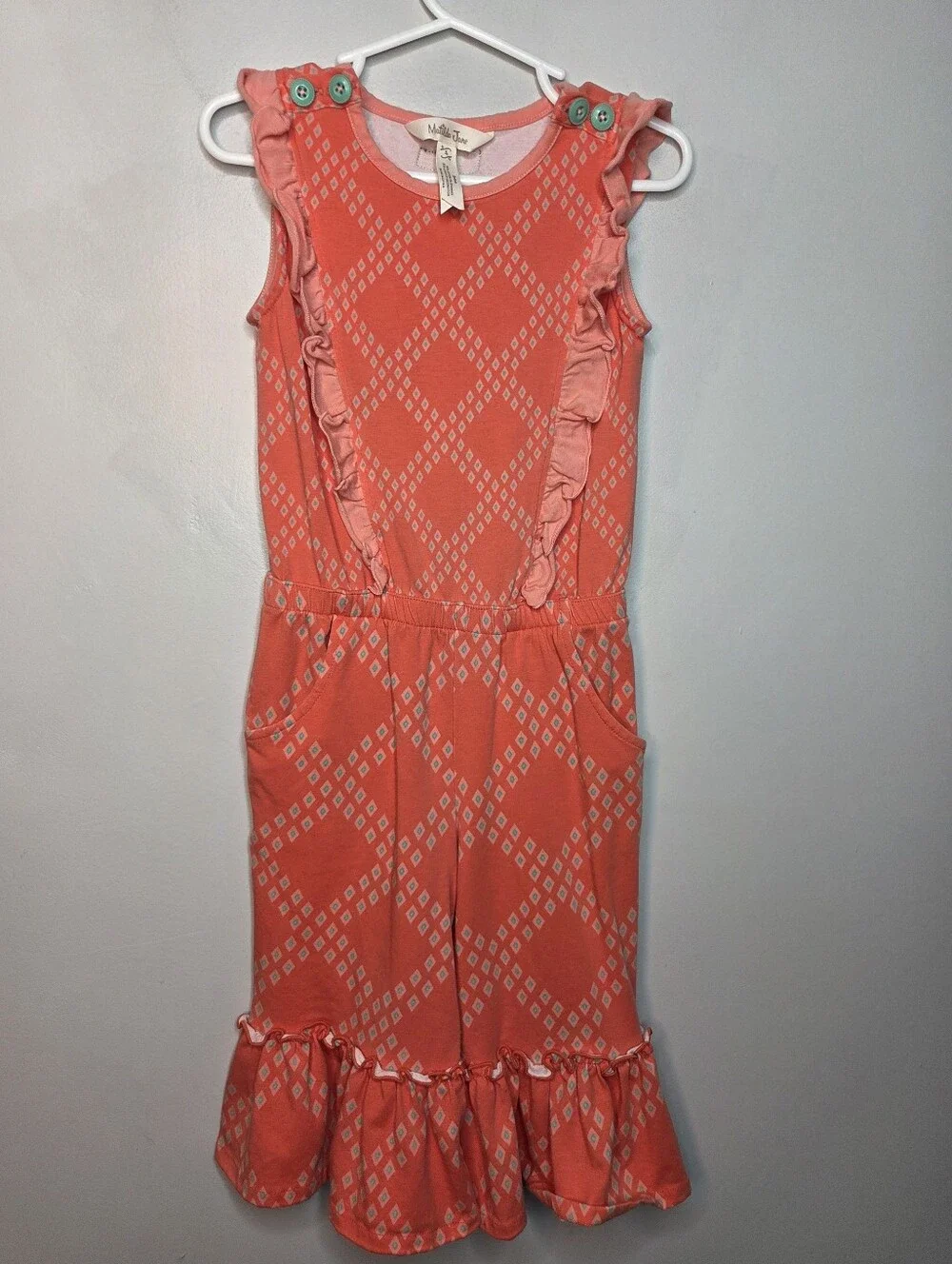 Matilda Jane Girls Coral Ruffle Romper Jumpsuit Size 4 Diamond Print Pockets